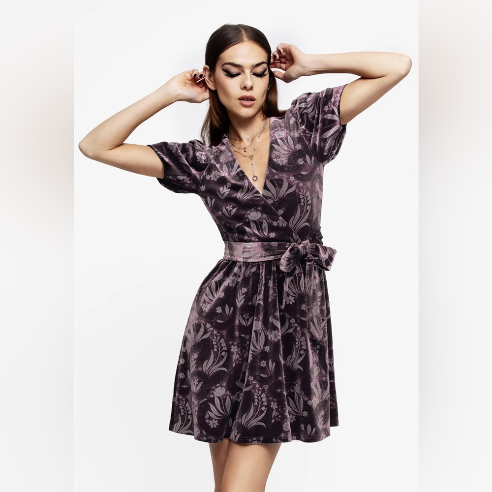 Women's Purple Floral Wrap Dress with Tie Waist